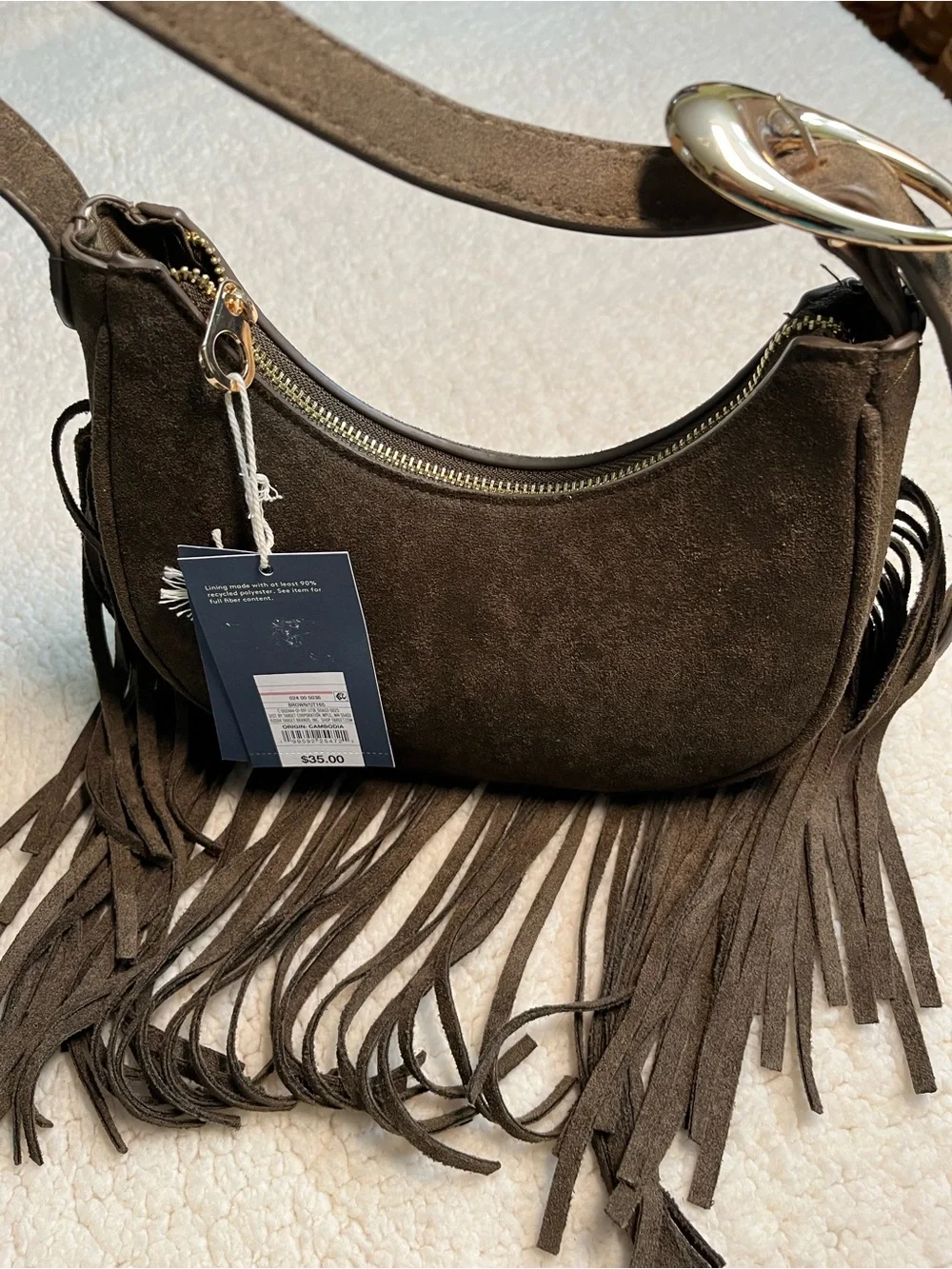 Fringe Faux Suede Shoulder Bag - Brown - Boho, Western New with Tags